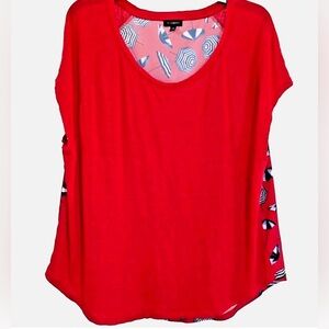 Talbots Red Umbrella Print Top XL Linen Blend Scoop Neck Short Sleeve Blouse